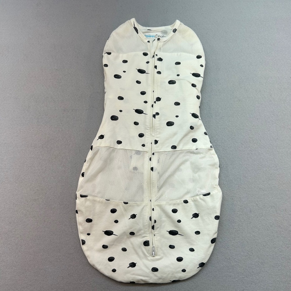 Happiest Baby Sleepea Swaddle Medium 2-4M Ivory Black Planet Dot Organic Cotton